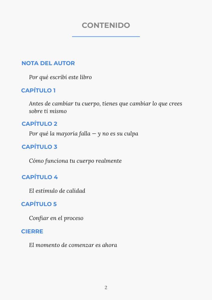 Índice real del ebook El Arte de Entrenar, con sus 5 capítulos, nota del autor y cierre